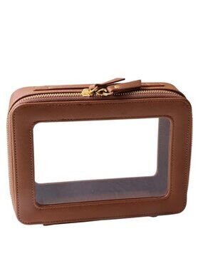 Waterproof Toiletry Bag PU Leather Travel Cosmetic Organizer Brown 8 Inch